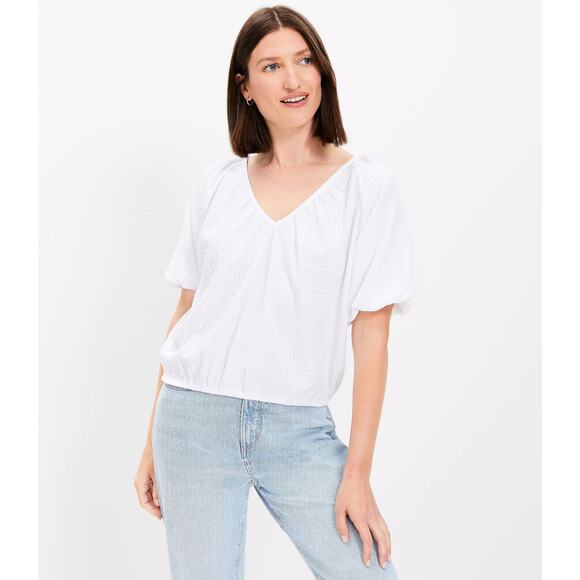 LOFT NWT White V-neck Crinkle Seersucker Peasant Top SZ L - Picture 1 of 11